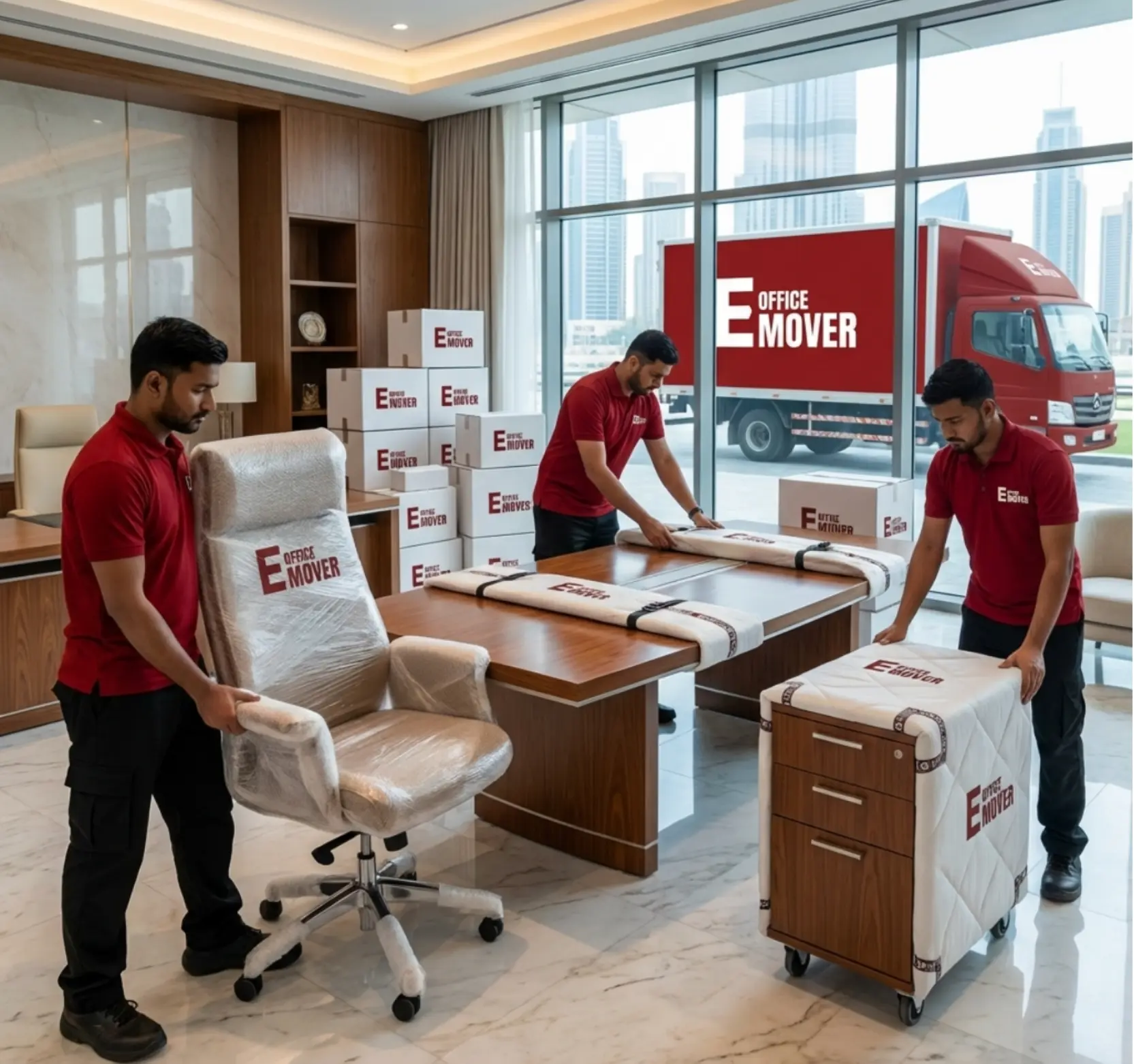 Office furniture handling in Dubai - modular workstation disassembly and glass partition relocation